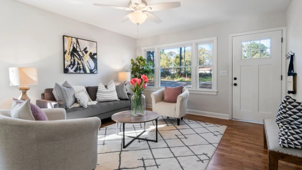 A brightly-lit living room