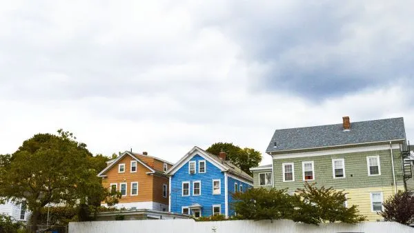 Colourful historic homes on a cloudy day