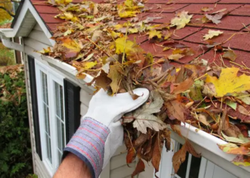 Someone cleaning a gutter