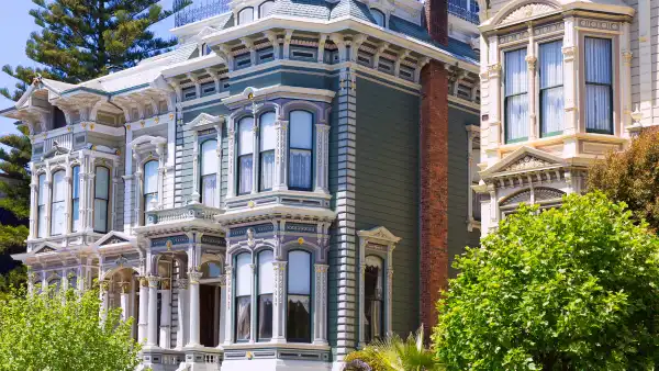 A row of funky designed houses