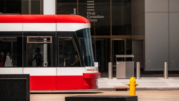 Red Toronto streetcar in downtown core