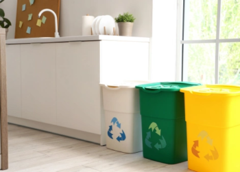 Recycling bins in a kitchen