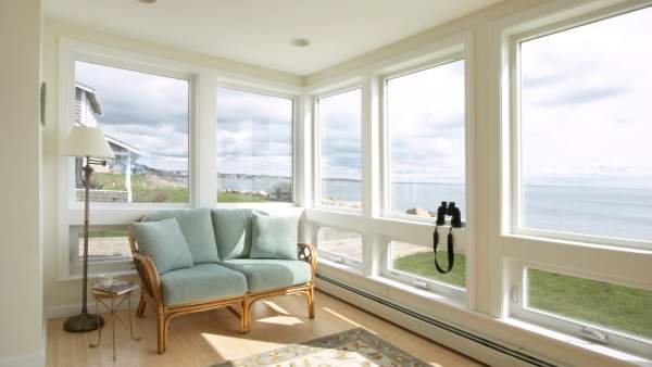 blue couch in a beach home