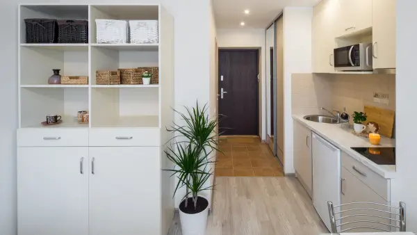 A kitchen with lots of storage.
