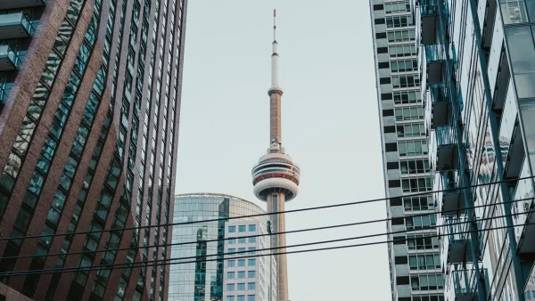 Close up of CN tower and downtown buildings