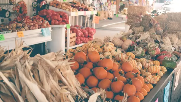 Fall market with fruits and vegetables for sale.