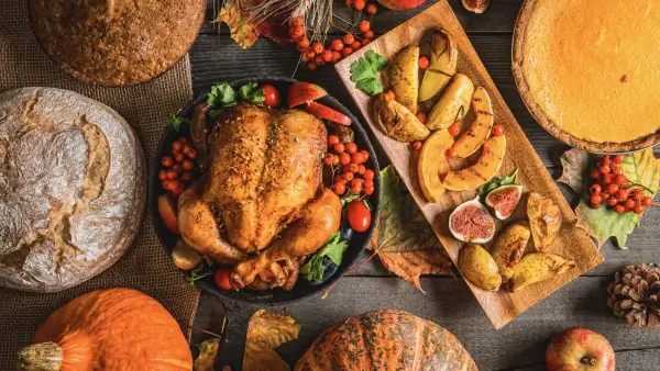 A thanksgiving dinner spread.