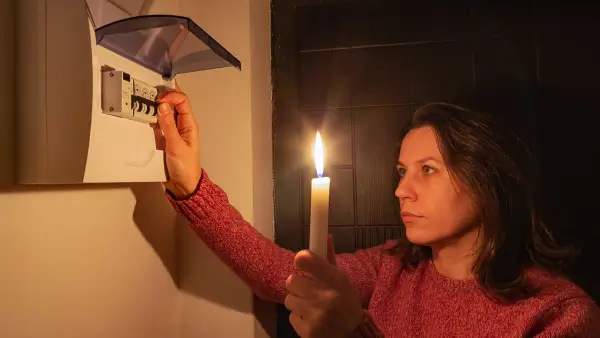A woman holding a candle in the dark during a power outage