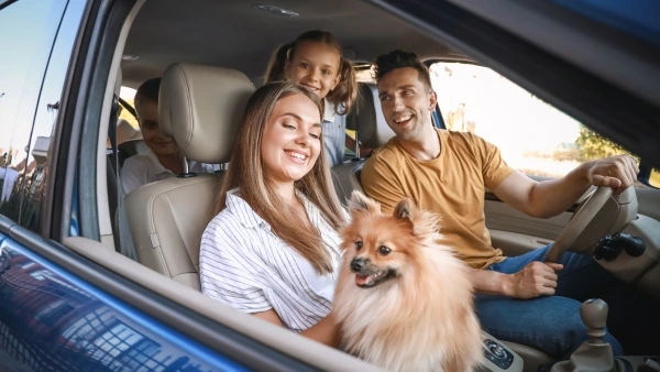 Family smiling in a car