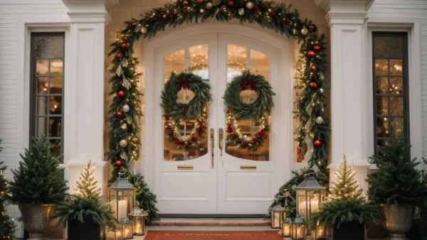 The exterior of a home decorated for Christmas.