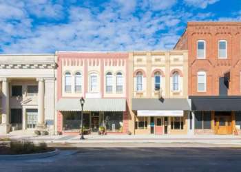 The main street of a small town