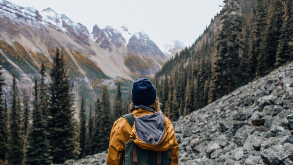 A hiker looking out at overhead mountains and forests. 