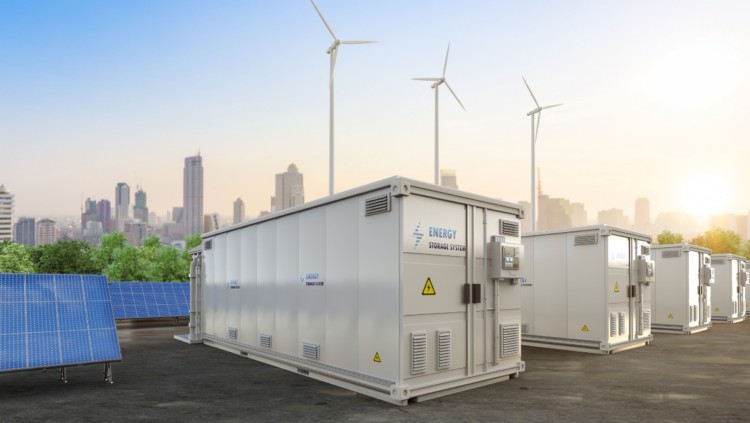 A group of solar panels, wind turbines and energy storage systems.