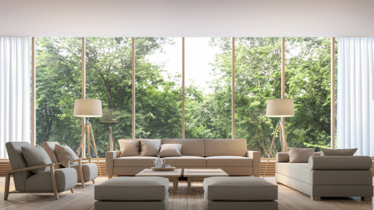 Bright, open living room, staged for the summer.