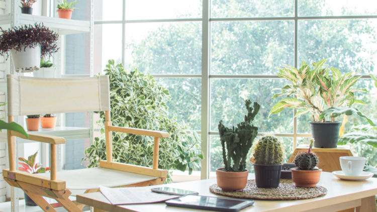 A desk decorated with greenery. 