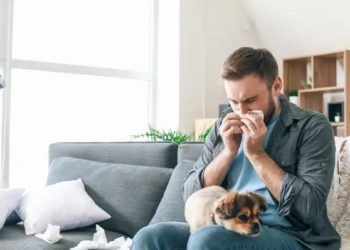 A man on a couch with a dog, using a tissue to blow his nose.