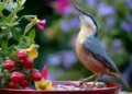 A bird perched on a bird feeder, surrounded by seeds and greenery.