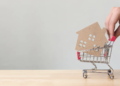 A hand grips a shopping cart with a miniature house inside.