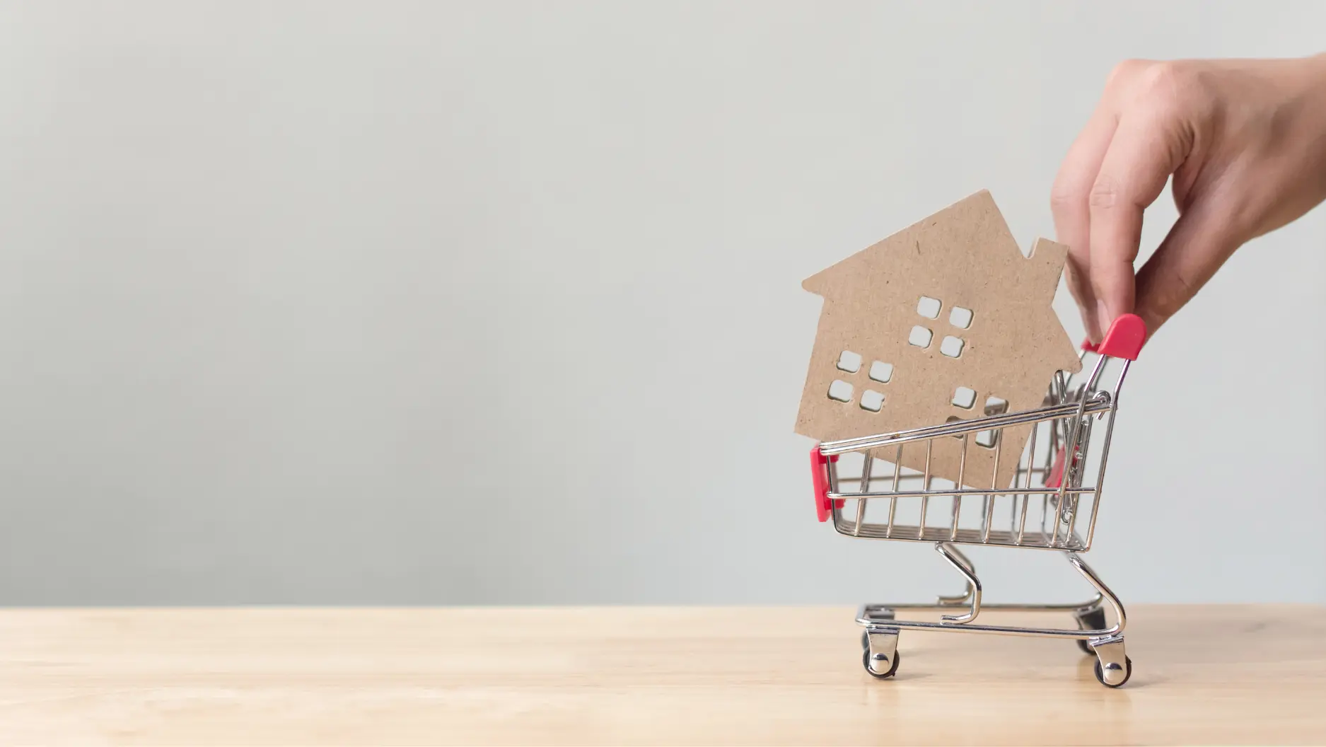 A hand grips a shopping cart with a miniature house inside.