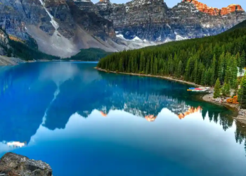 A lake in Alberta, surrounded by towering mountains and lush pine forests.