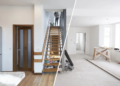 Side-by-side comparison of a basement before and after renovation, showcasing updated design and modern features.