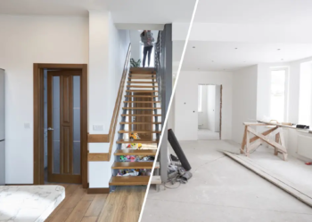 Side-by-side comparison of a basement before and after renovation, showcasing updated design and modern features.