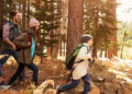 family hiking in autumn