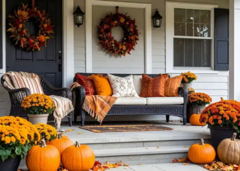The front porch of a home decorated for fall with pumpkins.