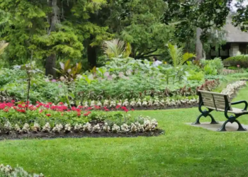 park bench with flowers