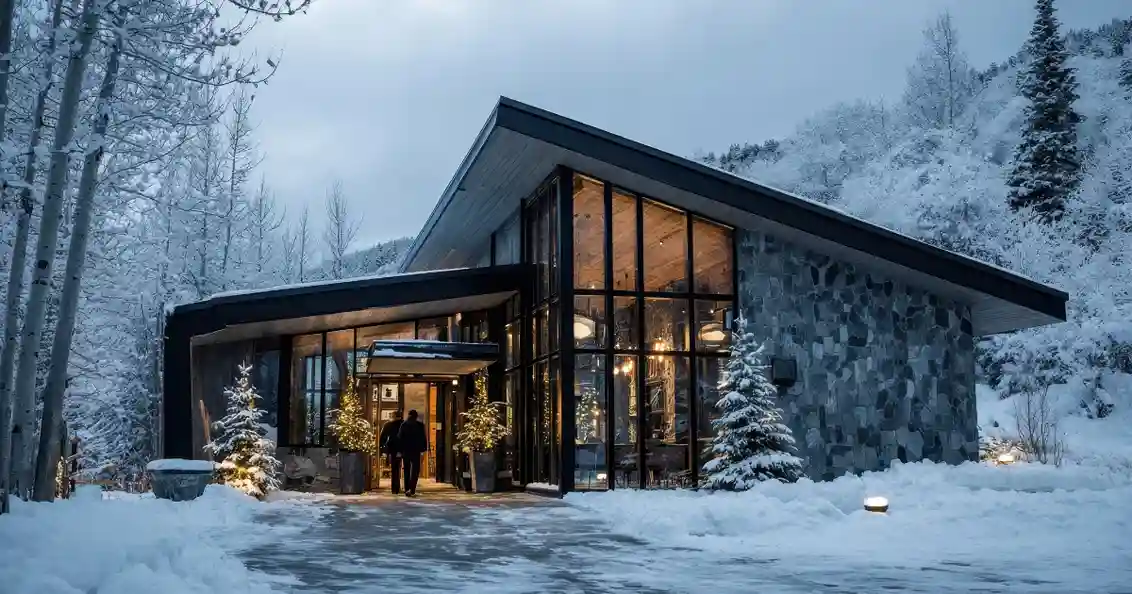 A luxury home covered in snow.