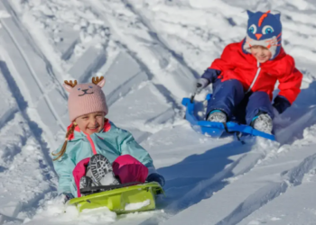 Two children joyfully riding sleds down a snowy hill, surrounded by a winter landscape.