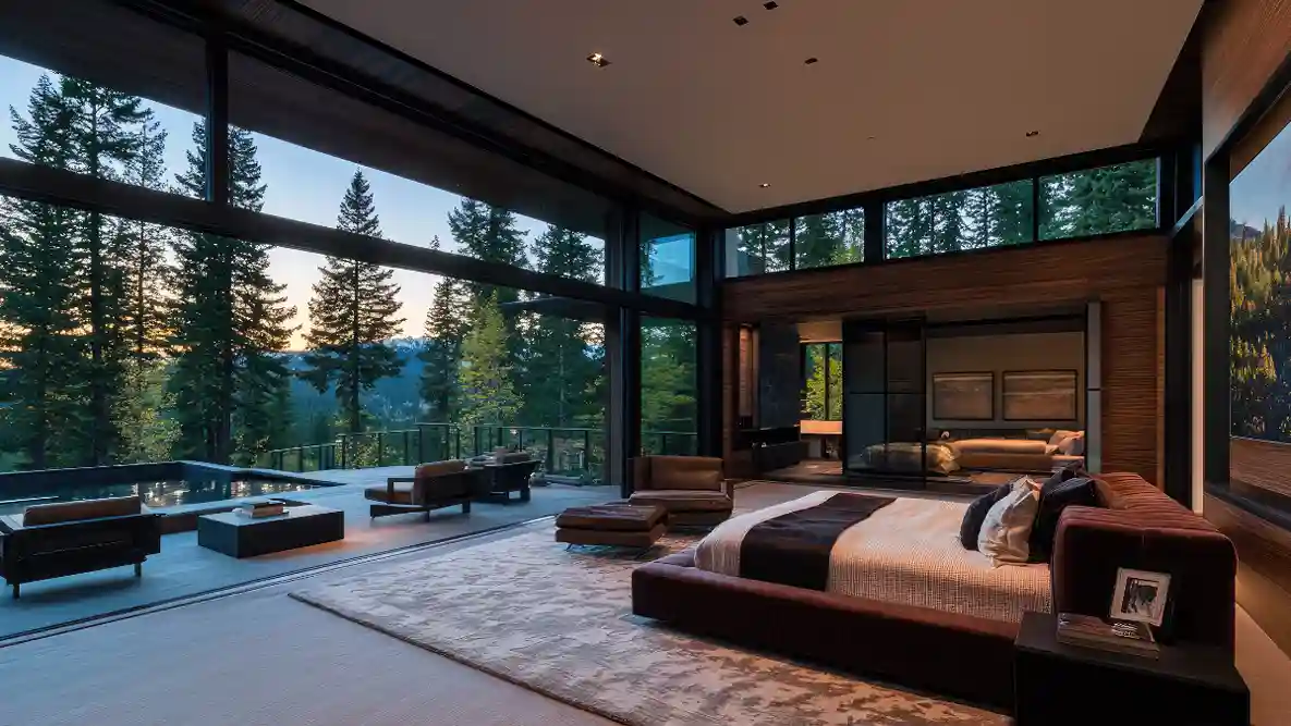 Luxurious bedroom with floor-to-ceiling windows showcasing a forest view at sunset. Features a large bed, cozy chairs, and warm, elegant decor.