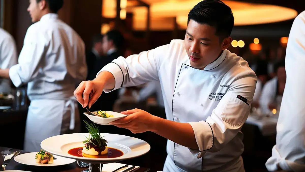 A focused chef in a white uniform artfully garnishes a dish with herbs in an elegant restaurant kitchen, surrounded by busy staff, creating a lively atmosphere.