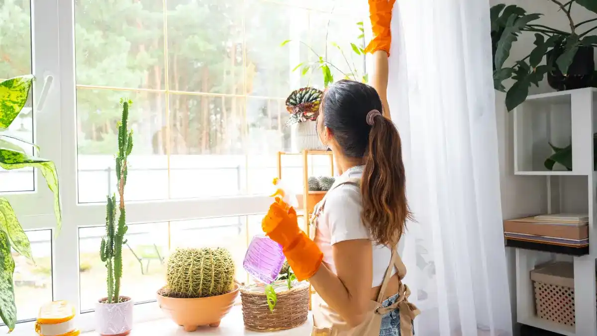 A woman wearing orange gloves and an apron cleans a large window in a bright room filled with various houseplants. The scene conveys a sense of freshness and productivity.