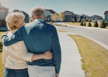 Elderly couple walks arm in arm on a suburban street under a clear blue sky, conveying warmth and companionship. Houses and manicured lawns line the path.