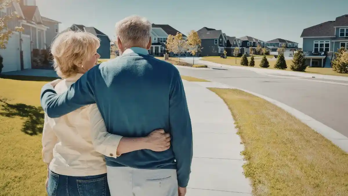 Elderly couple walks arm in arm on a suburban street under a clear blue sky, conveying warmth and companionship. Houses and manicured lawns line the path.