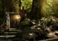 Enchanted forest scene with a tiny moss-covered stone cottage, glowing doorway, giant trees, mushrooms, and a rustic wooden bridge, evoking quiet wonder.