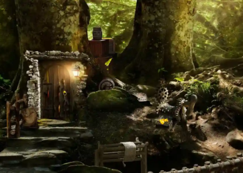 Enchanted forest scene with a tiny moss-covered stone cottage, glowing doorway, giant trees, mushrooms, and a rustic wooden bridge, evoking quiet wonder.