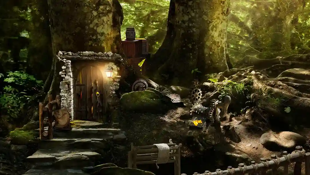 Enchanted forest scene with a tiny moss-covered stone cottage, glowing doorway, giant trees, mushrooms, and a rustic wooden bridge, evoking quiet wonder.