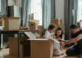 Family unpacking cardboard moving boxes in a bright living room; parents help their young daughter, creating a warm, joyful moving day.