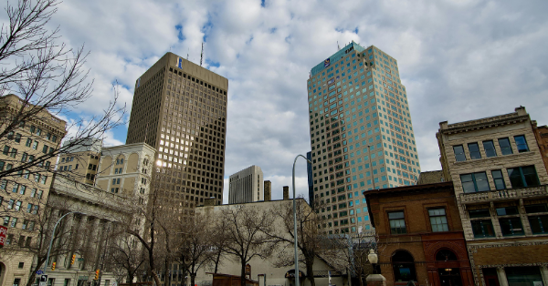 Winnipeg skyline viewed from the ground