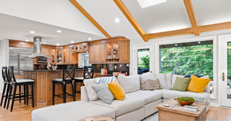 Inside modern ranch home living room/kitchen