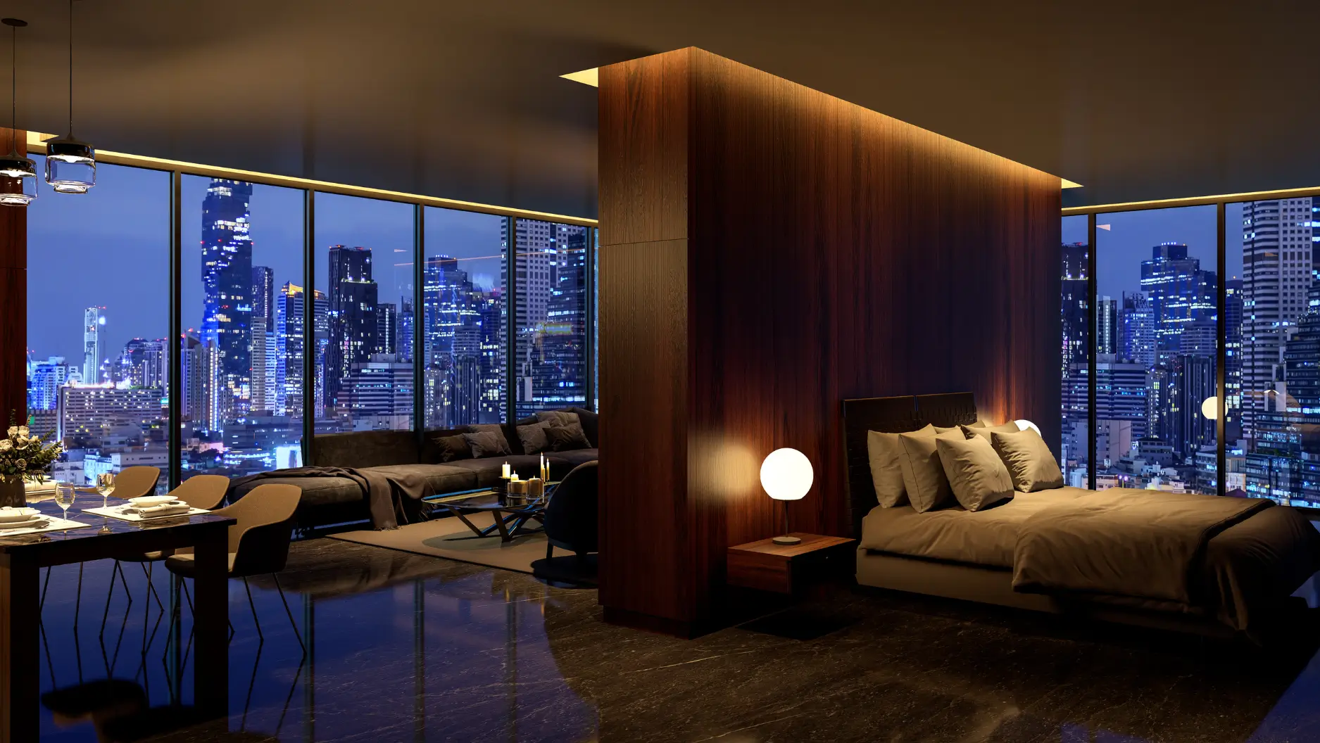 Penthouse bedroom view with views of the city