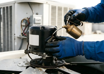 person fixing furnace