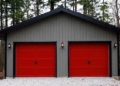 detached garage with red doors