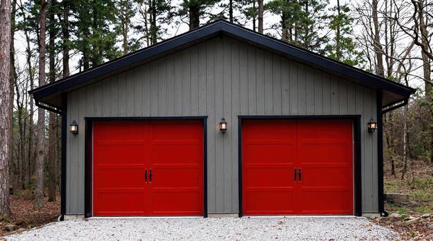 detached garage with red doors