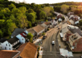 Sunny spring in Slatington, Pennsylvania. Residential area with architectural homes on Main Street